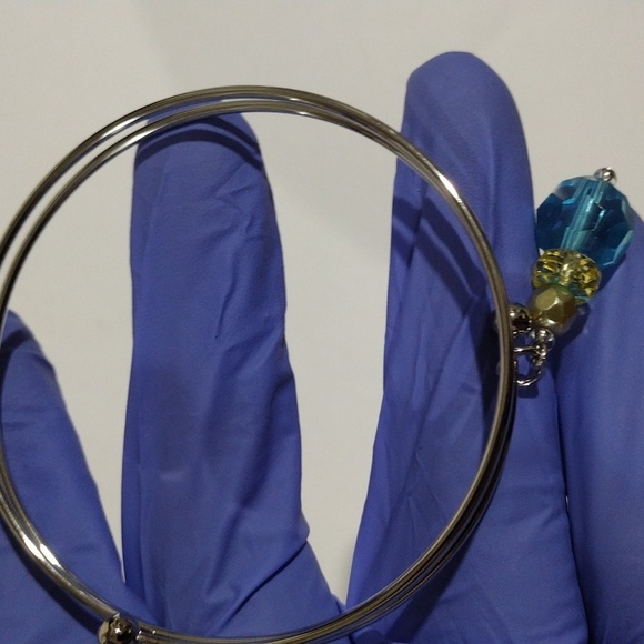 Silver tone Wire Bangle Bracelet Blue Yellow Beaded Charm Elegant Women Jewelry - Picture 8 of 8